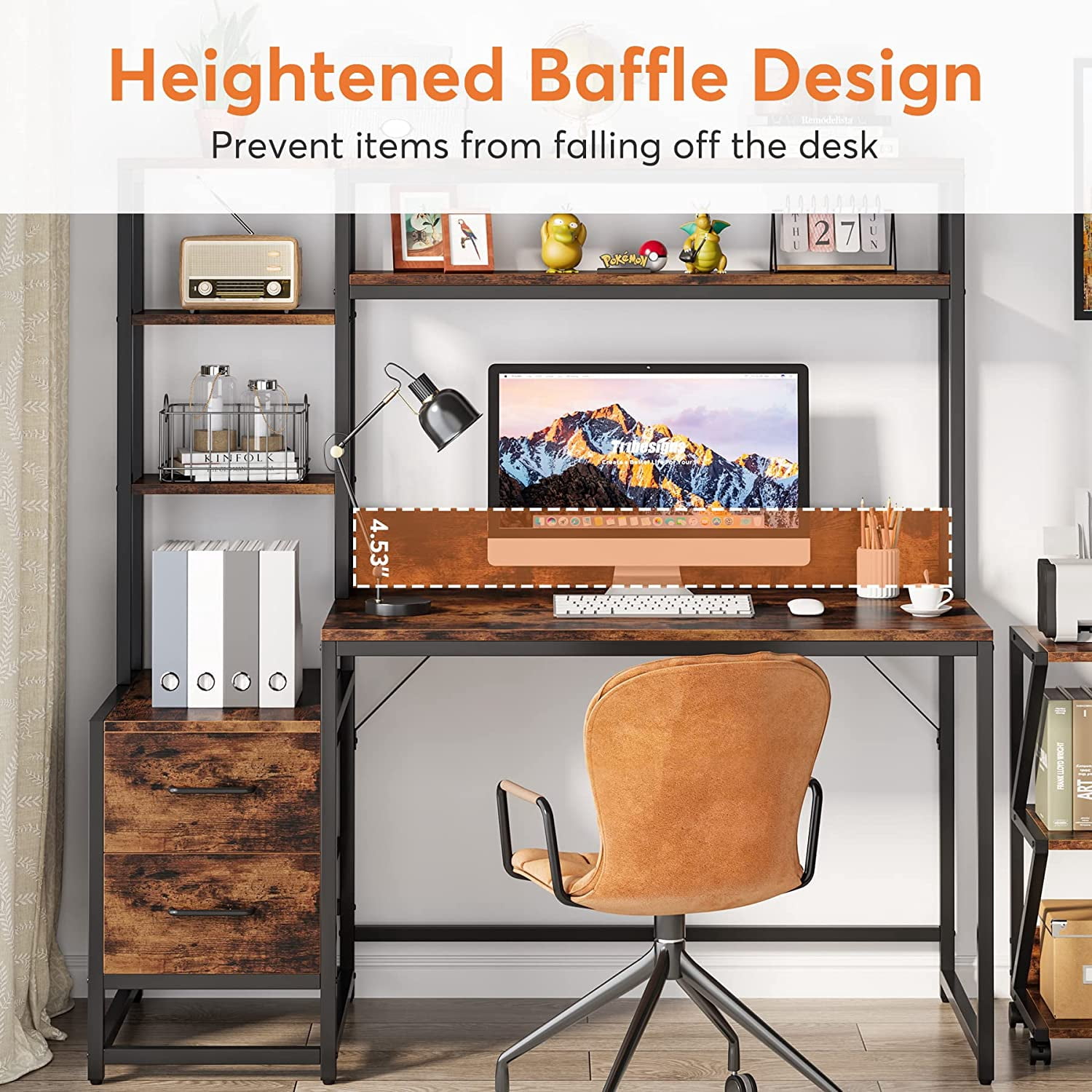 55 Inch Computer Desk with 2 Drawers and Storage Shelves, Rustic Office Desk with Hutch, Study Writing Gaming Table Laptop Workstation for Home Office (Brown)