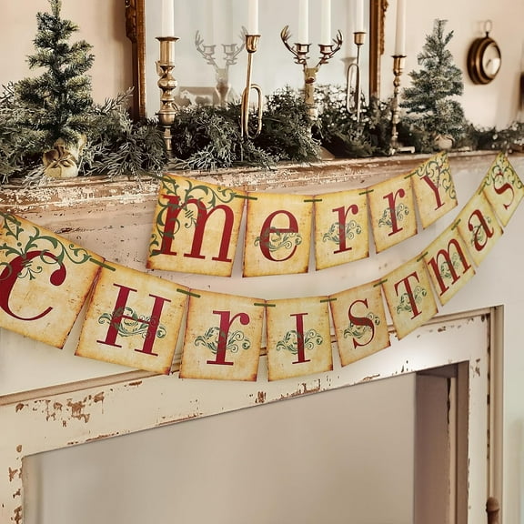 Christmas Decorations - Vintage Merry Christmas Banner - Retro Nostalgic Traditional Old Fashioned Xmas Holiday Decor for Indoor Home Office Fireplace Farmhouse