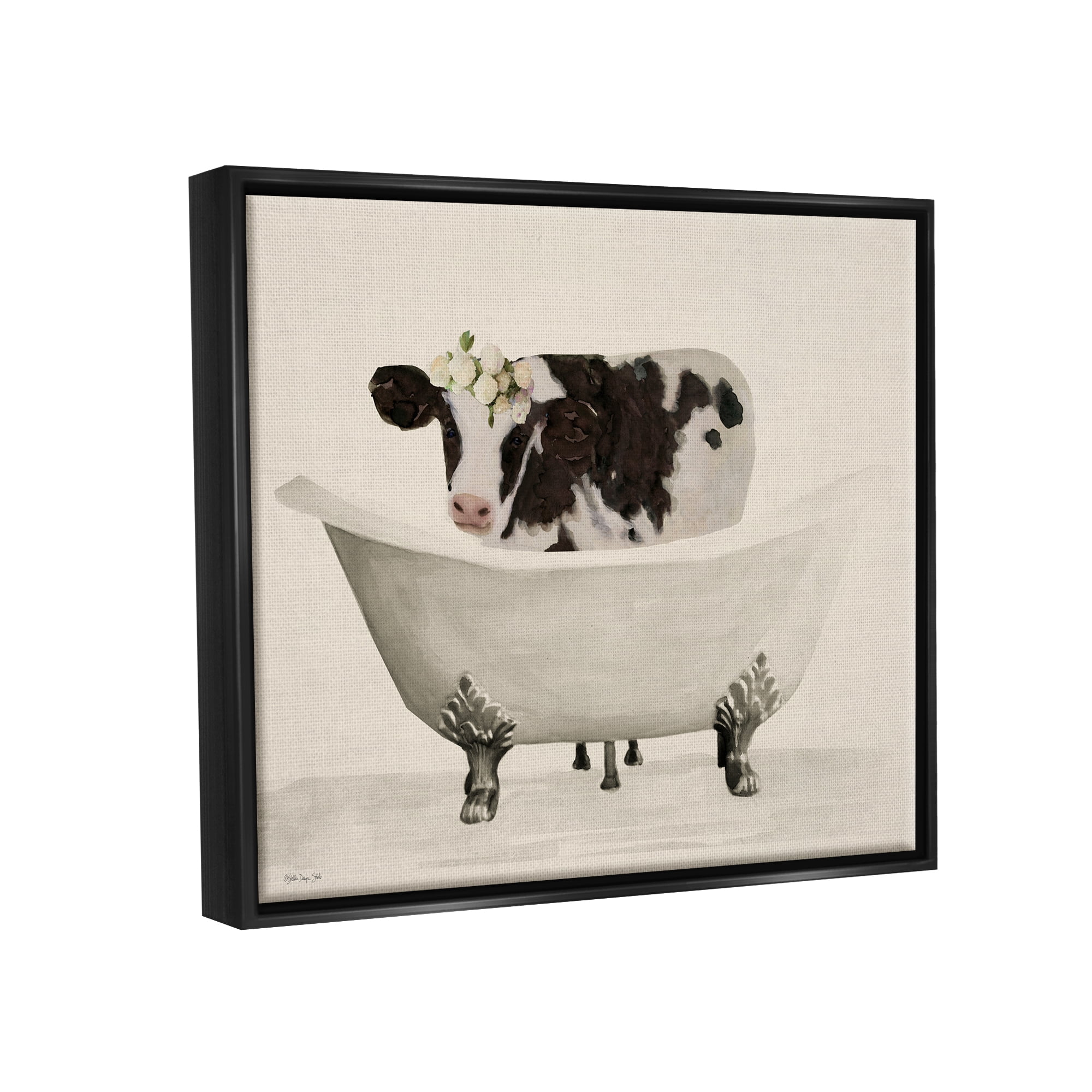 Stupell Industries Antique Bathtub Cow Animals & Insects Painting Black Floater Framed Art Print Wall Art, 31 x 25