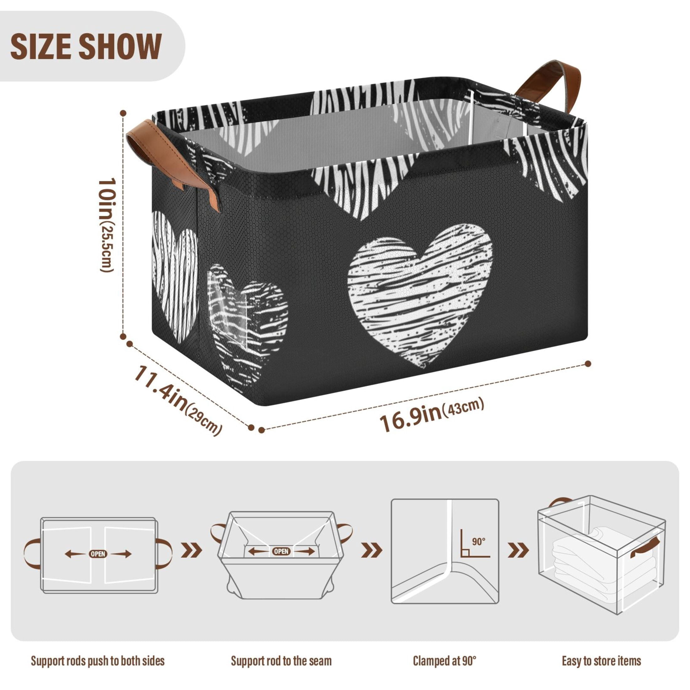 Hearts in Black Foldable Storage Large Fabric Storage Baskets Organizer Storage Bins with Handles for Shelves