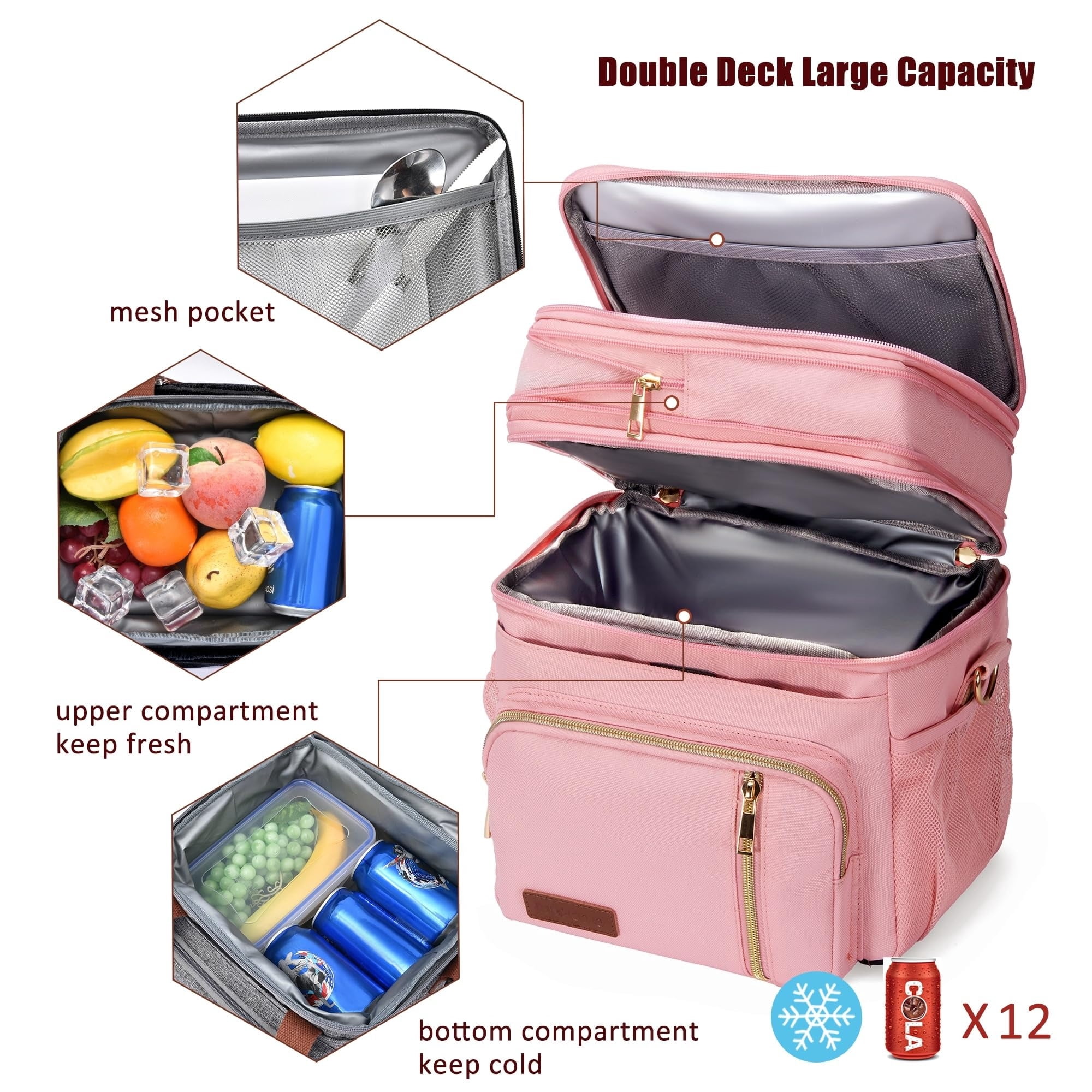 Lunch Bag & Lunch Box for Men Women, Double Deck Leakproof Insulated Soft Large Adult Camping Cooler bag for Work Beach Picnic Travel