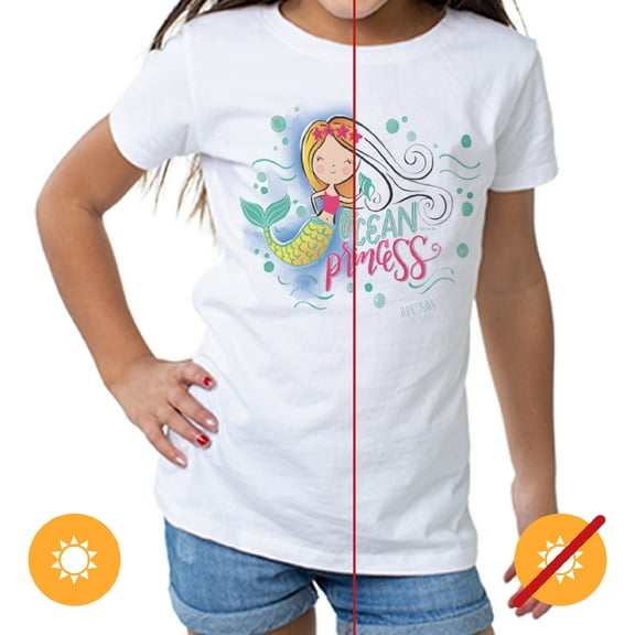Del Sol Toddler Girls Crew Tee - Ocean Princess, White T-Shirt - Changes from Black to Vibrant colors in the Sun - 100% Combed, Ring-Spun Cotton, Short Sleeve