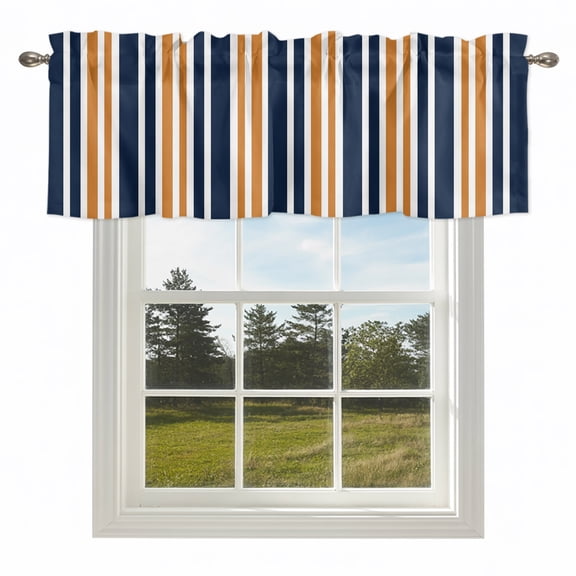 Orange Dark Blue Striped Valances for Windows Modern Minimalist Art Rod Pocket Curtain Valance Window Treatment Short Curtains for Kitchen Living Room,54x18in