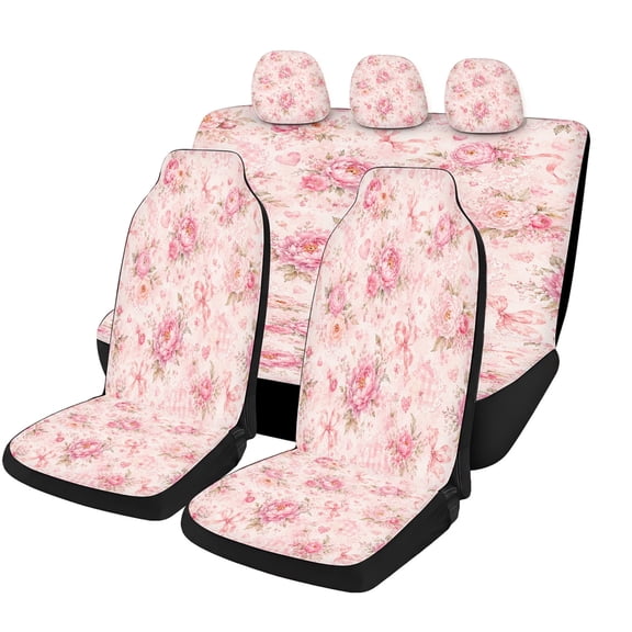 Verolix Soft Pink Toile Floral Car Seat Covers Full Set, 5 Piece Universal Seat Covers with Front Seat Covers, Rear Bench Cover and Headrest Covers for Cars, SUVs, Trucks and Vans