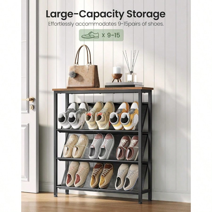 Shoe Rack 4Tier Slanted Shoe Storage Shelf Narrow Shoe Rack For Entryway Shoe Organizer With Adjustable Feet Slim Shoe Shelf With Wooden Top And Metal Frame Rustic Brown And Black TXJ75BF