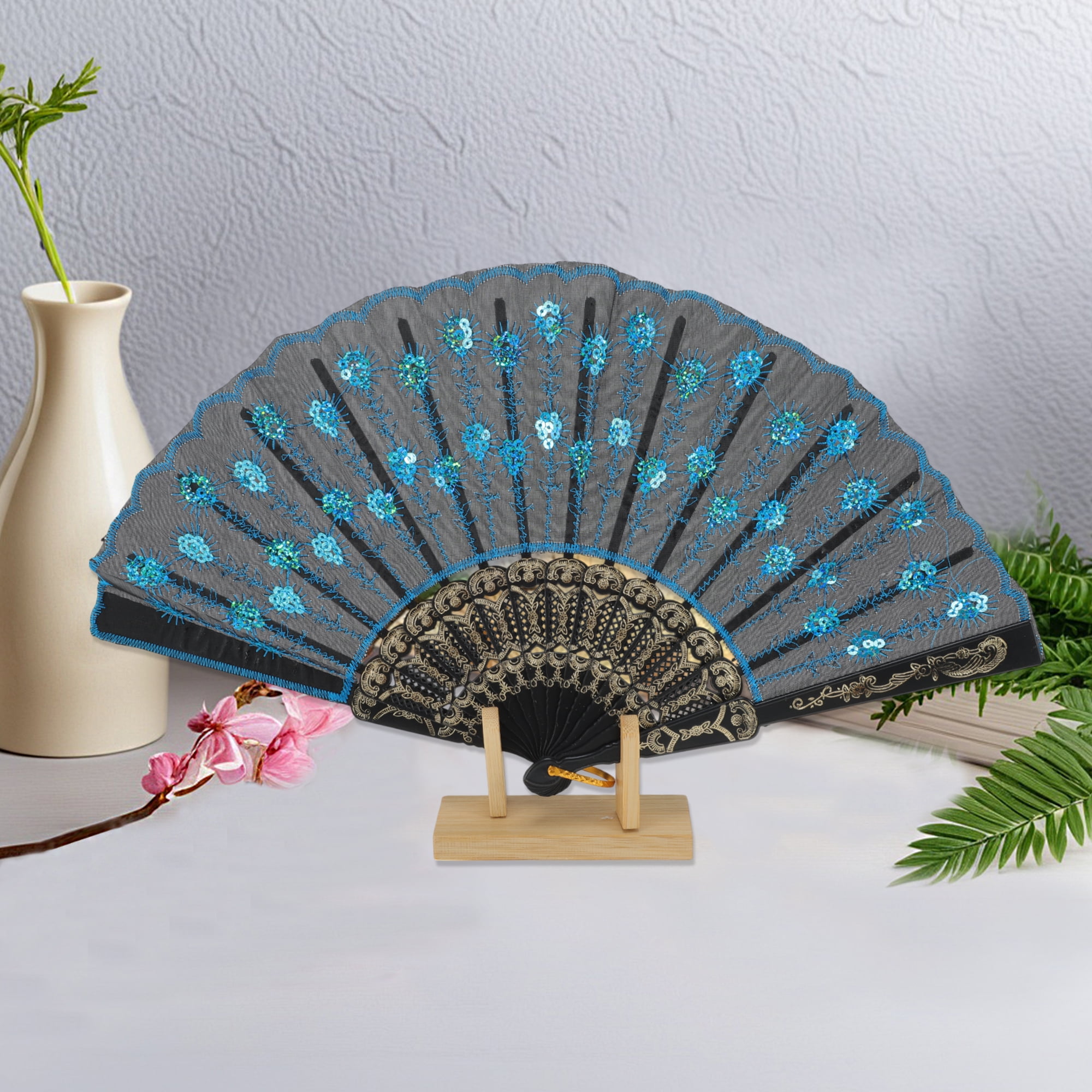 Unique Bargains Beautiful Sequins Folding Fan 1 Pc Brigth Blue