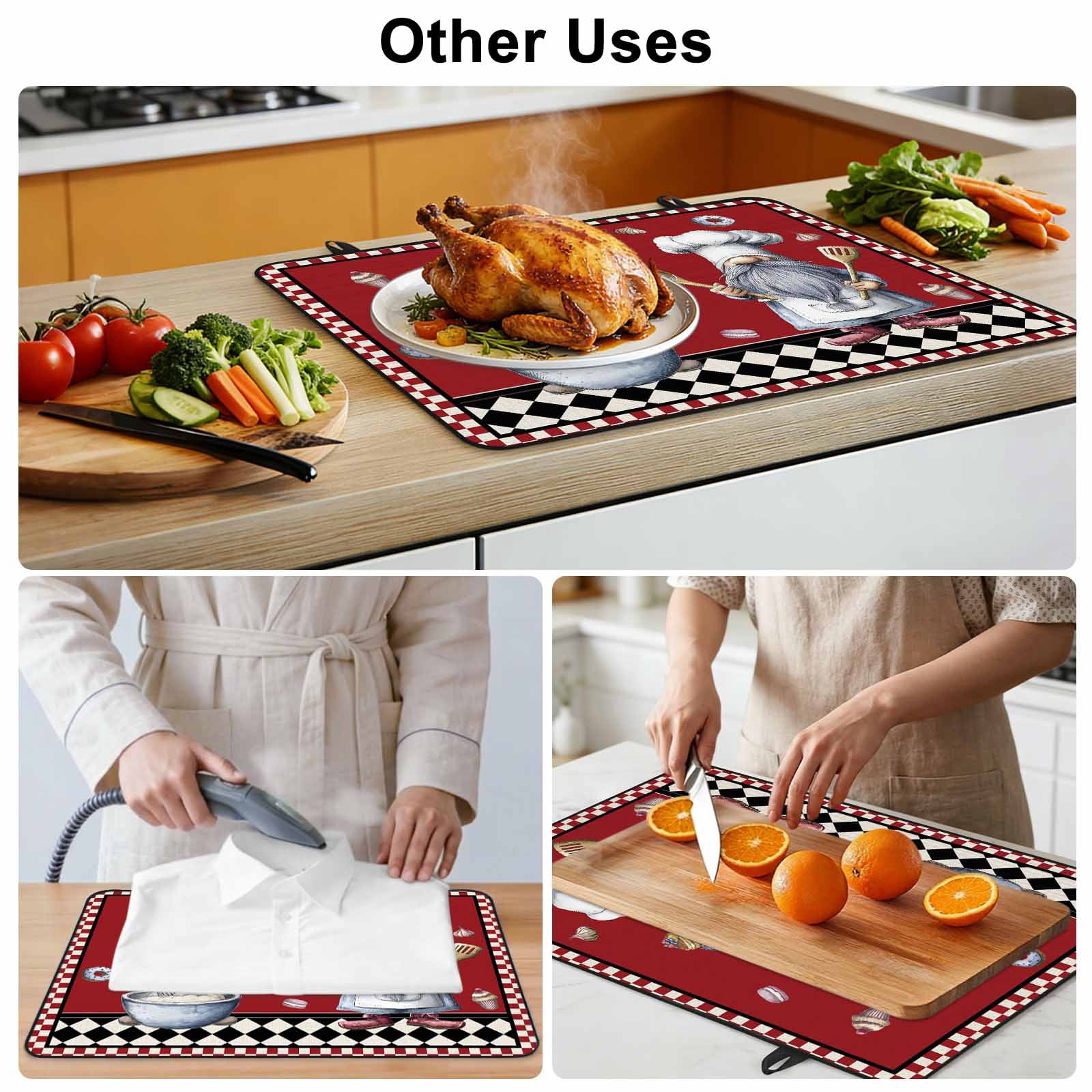 Red Vintage Gnomes Stove Top Cover for Electric Stove, Heat-proof & Non Slip Glass Top Stove Cover Protector, Black Checkered Retro Art Kitchen Flat Cooktop Rubber Mat 24x21 Inches