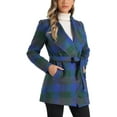 thumbnail image 4 of Abrigo de cuadros con cuello chal asimétrico y cinturón para mujer Inspire Chic en azul y verde, 4 of 5