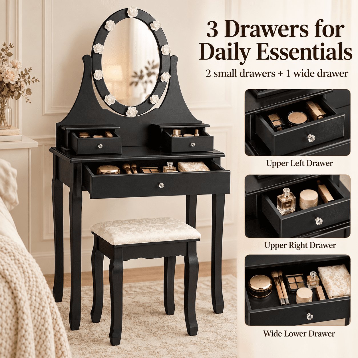 Furnibear Makeup Vanity Table Set with Lighted 360-Degree Rotating Mirror 3 Drawers Cushioned Stool for Bedroom, Black