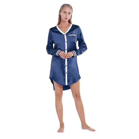 

Women s Silky Satin Nightgown Long Sleeve Sleepwear Button Down Sleepshirt Nighty Pajama Nightdress with Pocket Royal Blue S-2XL