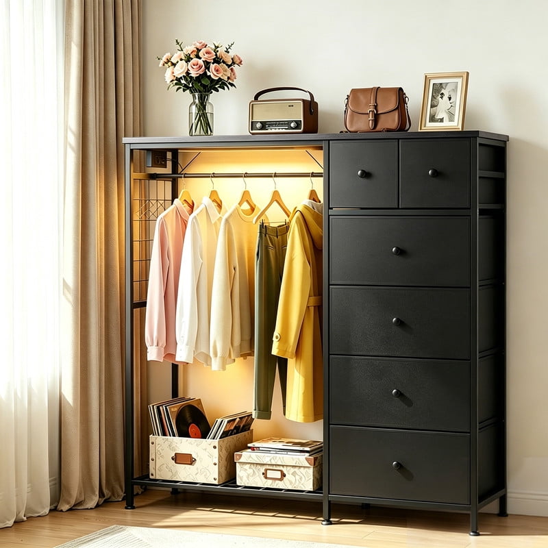 Simenmax 6-Drawer Storage Closet with LED Lights & Charging Station, 49.2" Wide Wooden Wardrobe Rack with Fabric Bins,Portable Clothing Organizer for Bedroom, Entryway, Black