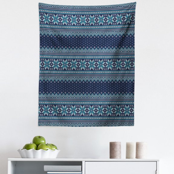 Nordic Tapestry, Simplistic Pattern with Chevron Herringbone Abstract Snowflake Print, Fabric Wall Hanging Decor for Bedroom Living Room Dorm, 5 Sizes, Turquoise and Dark Blue, by Ambesonne
