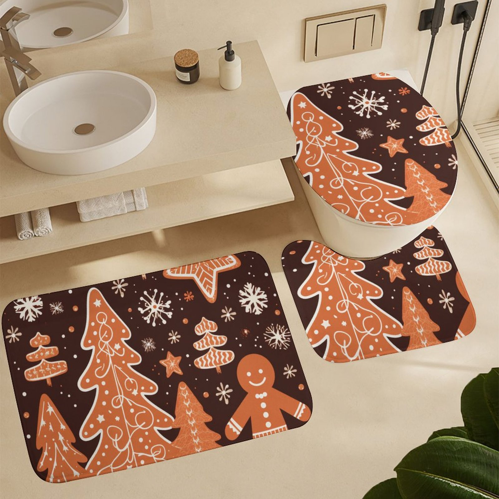 Ginger Christmas Tree 4 Pcs Bathroom Shower Curtain Set, Bathroom Sets with Rugs (Bath Mat, U Shape and Toilet Lid Cover Mat) and 12 Hooks,