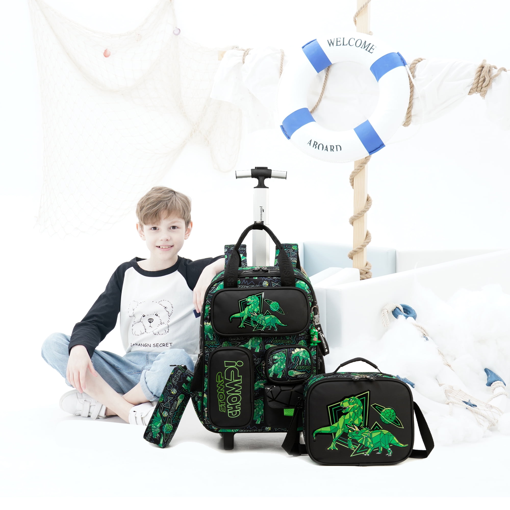 Kids Rolling Backpack Boys Roller Backpacks with Wheels 3 In 1 Wheeled School Bags with Lunch Box Pencil Case Ages 8-10