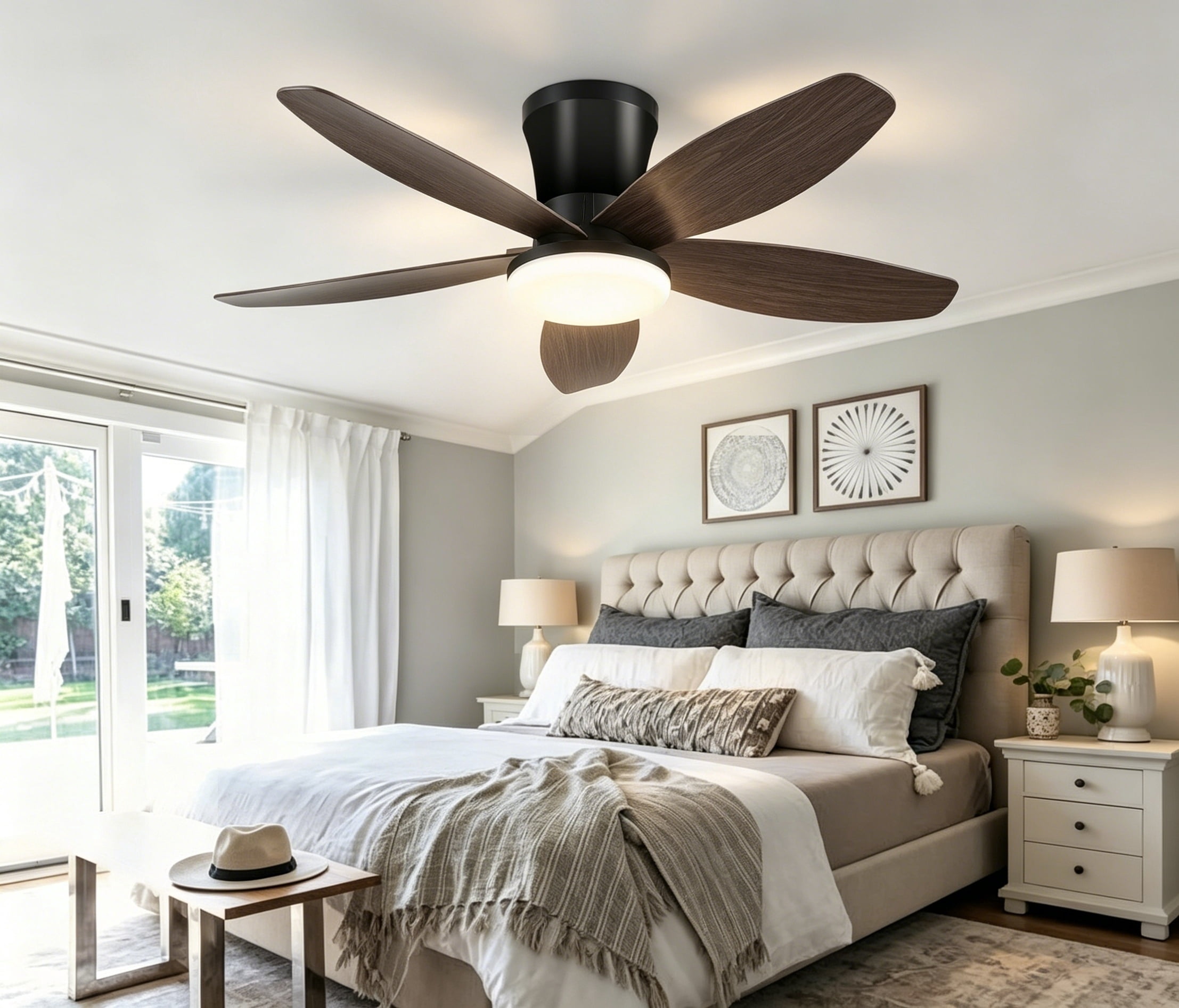 Phorus 36" Low Profile Ceiling Fan with LED Light, Remote/APP Control, Quiet Reversible DC Motor, Dimmable Modern Ceiling Fan for Bedroom, Brown