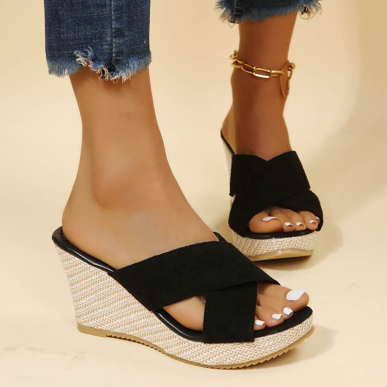 Womens Wedge Sandals Summer Fashion High-heeled Platform Muffin Bottom Rope Wedge Slippers Gifts for Women