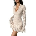 thumbnail image 3 of Women'S Long Sleeve Lace Floral Elegant Cocktail Dress V-Neck Mini Dress for Party Apricot Color L, 3 of 9