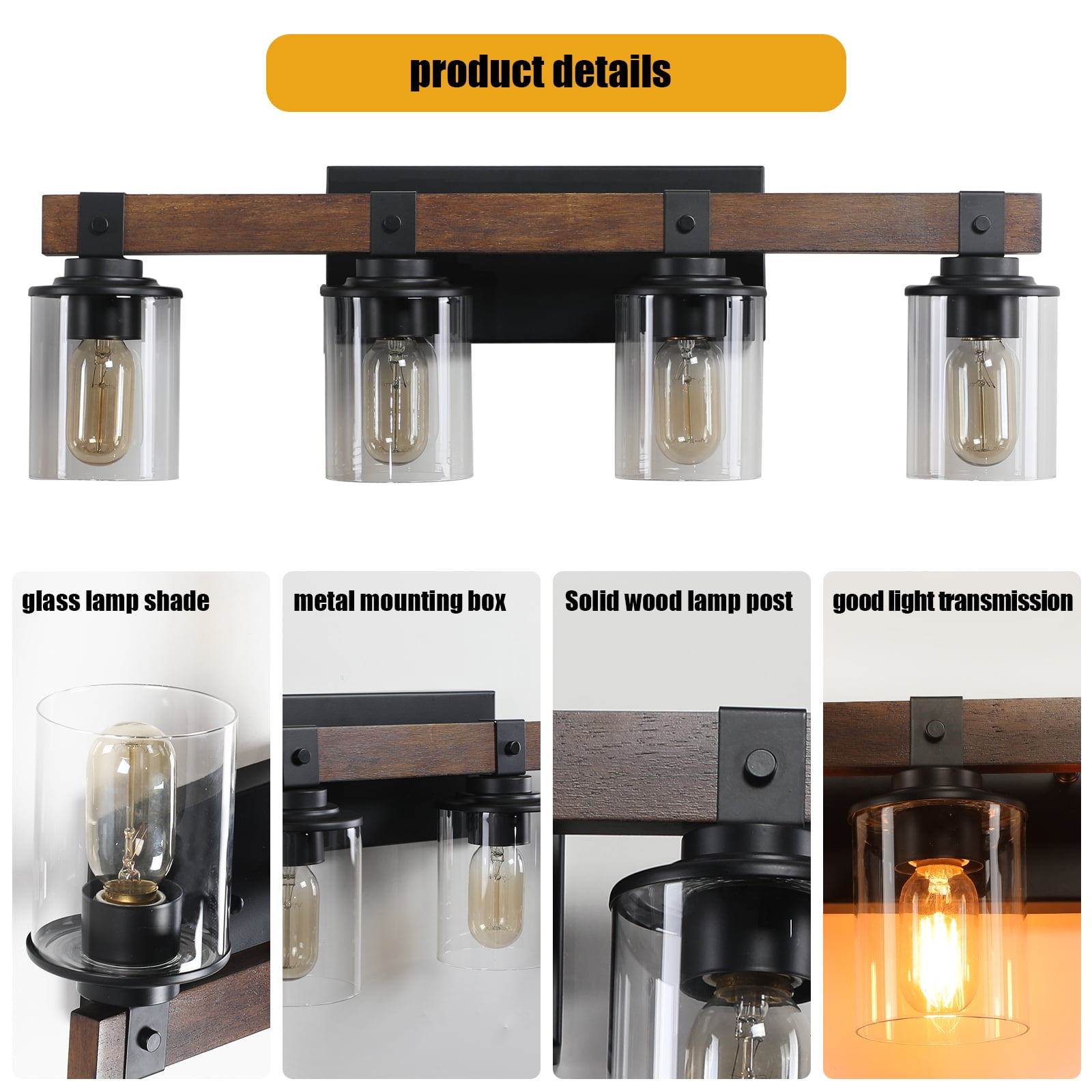 4 Lights 27.2inch Bathroom Vanity Light Fixtures , Wooden Farmhouse Vanity Lights Rustic Bathroom Lights Over Mirror with Clear Glass Shade Black Industrial Wall Sconce