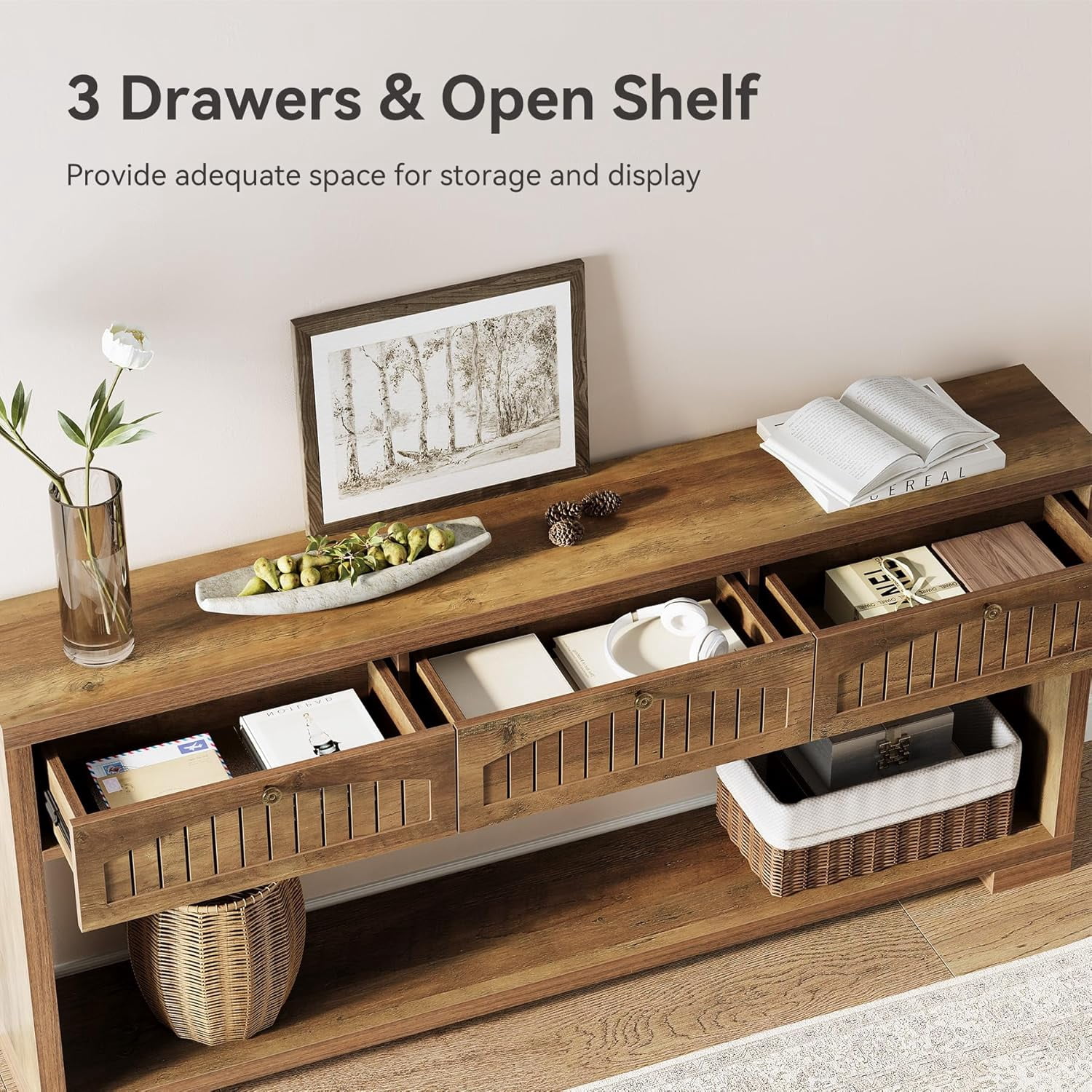 Fnova 70.8" Farmhouse Console Table, 3-Drawer Narrow Entryway Table with Open Shelf, Long Narrow Sofa Table for Living Room, Hallway, Foyer