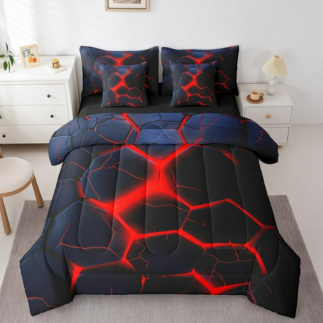YST Ensemble de Literie 7 Pcs Rouge à Motif Nid d'Abeilles, Géométrie Abstraite, Format Très Grand, 100 % Polyester, Housses de Coussin Réversibles Douces, 7 Unités
