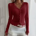 thumbnail image 2 of Cardigan for Women Summer, Solid Color V-Neck Lace Panel Ribbed Long Sleeve T-Shirt Top, Women's Cardigan, 2 of 9