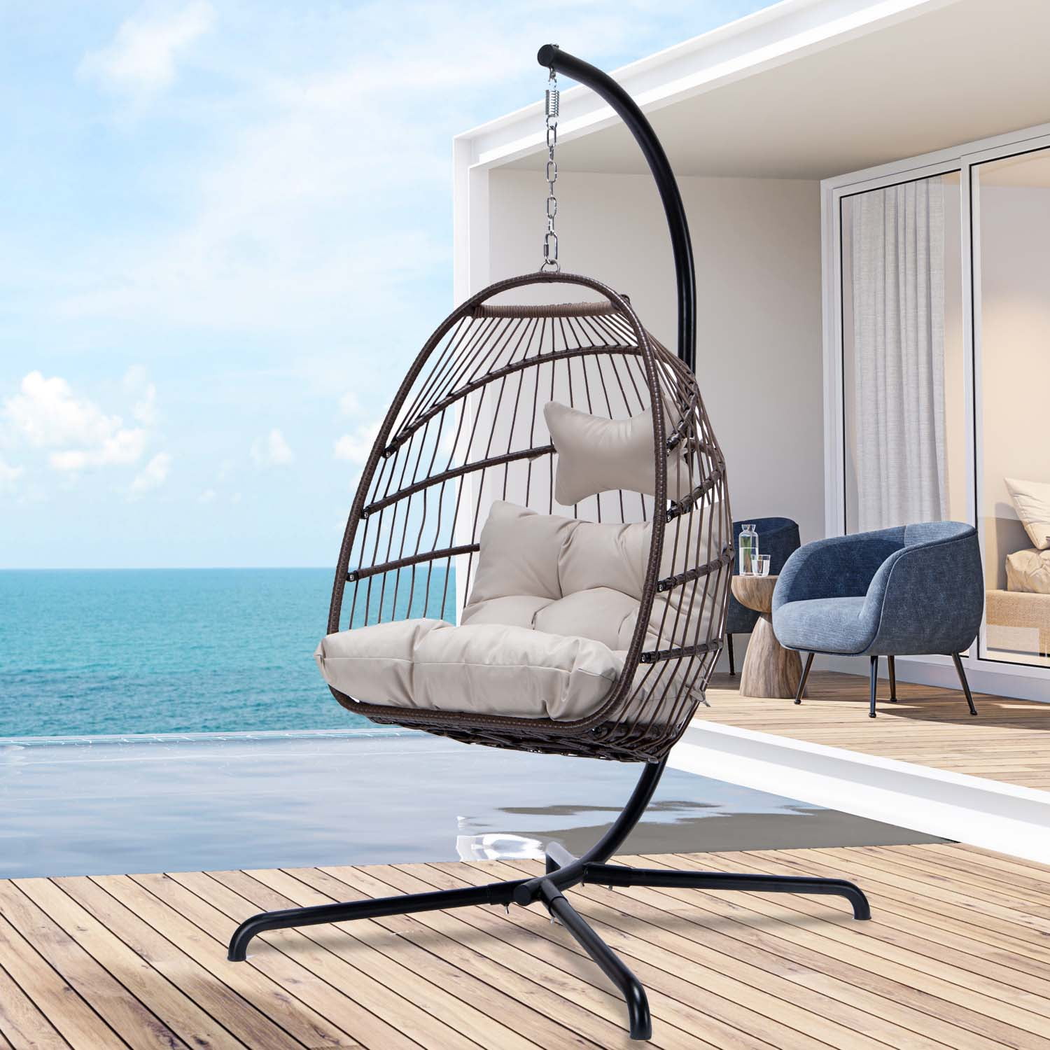 Wine NICESOUL Patio Hanging Egg Swing Chair with Steel Stand Set Nest Woved Basket Design with Cushions PE Wicker Chairs for Bedroom Living Room Indoor Outdoor 