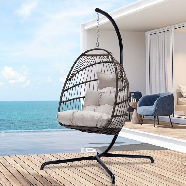Nicesoul Foldable PE Wicker Brown Hanging Egg Chair With Stand Swing