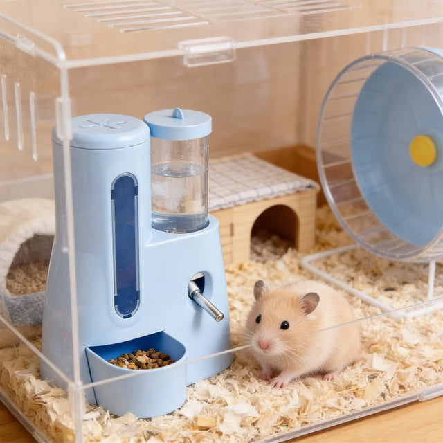 Automatic Hamster Feeder Waterer, Integrated Pet Dispenser With Removable Structure, for Cage Mounting, Blue