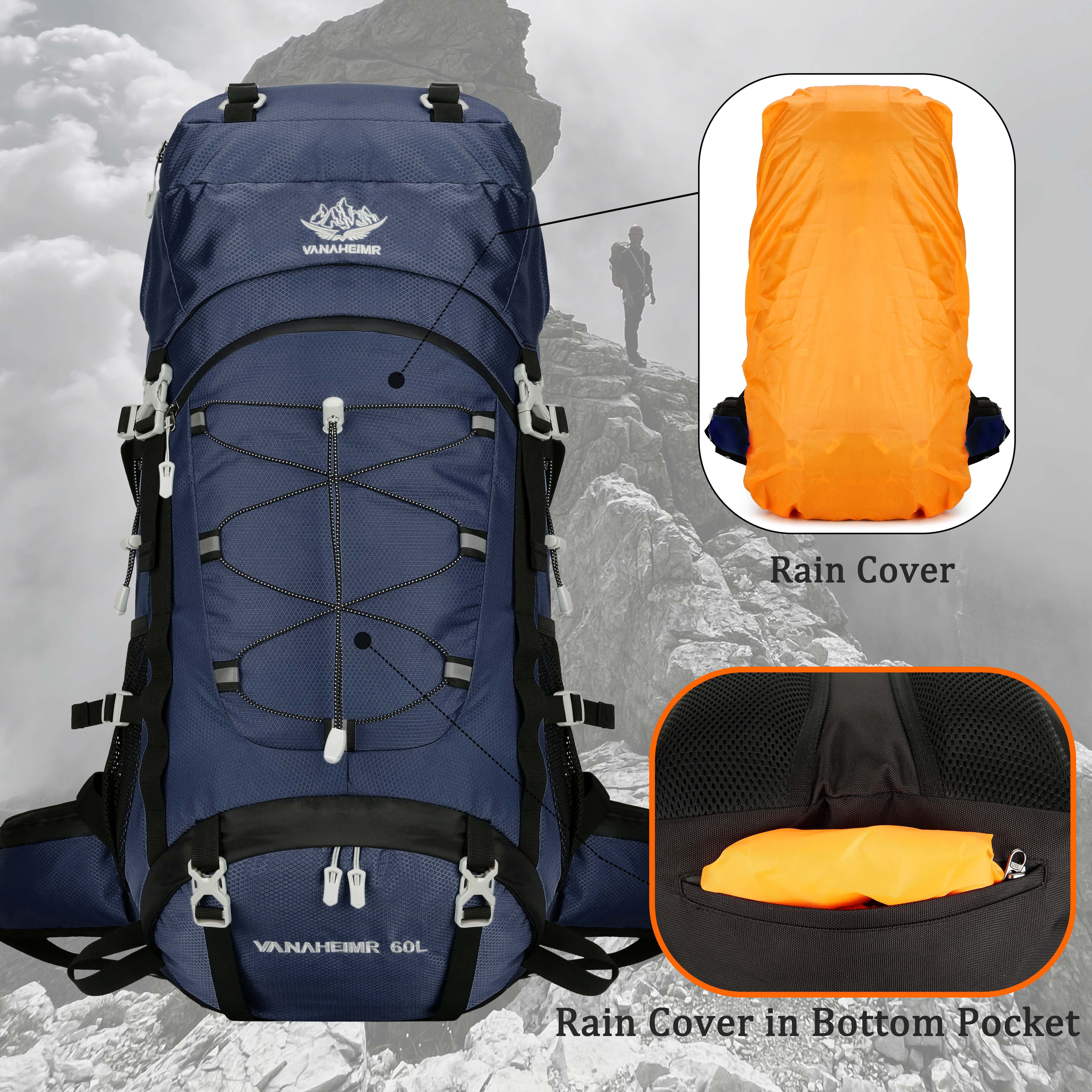 60L Travel Hiking Camping Backpack with Rain Cover, Backpack Water Resistant,Climbing Backpack for Men Women