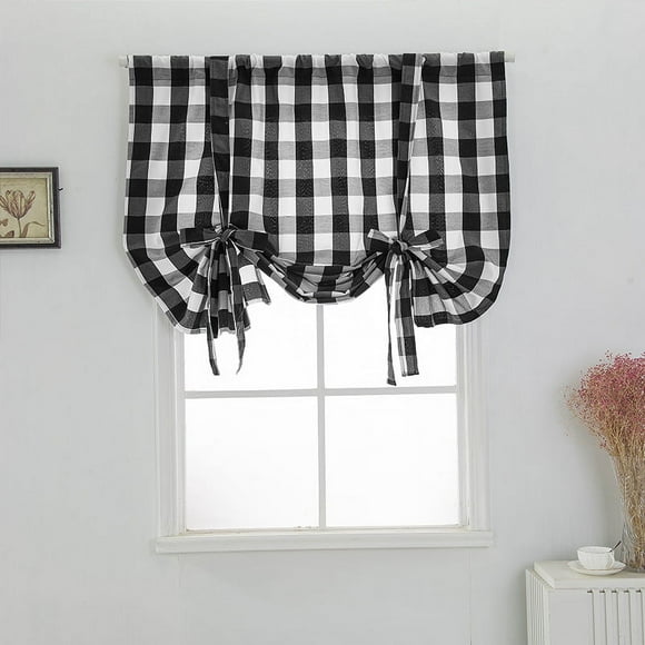 Plaid Gingham Custom Fit Farmhouse Window Curtain Tie Up Shades - 31.5*55inch (Black)