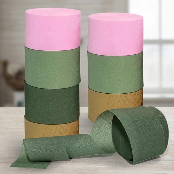 Moss Sage Green and Pink Crepe Paper Streamers for Wedding, Bridal Shower, Engagement Party Decorations - Boho Party Supplies