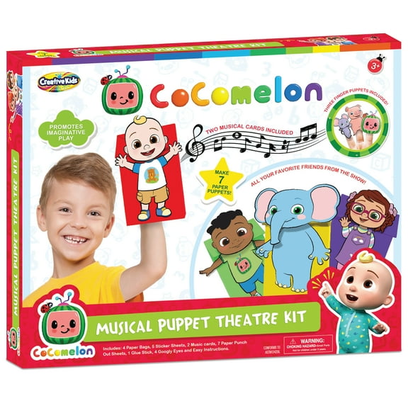 Creative Kids Cocomelon Musical Puppet Theater Kit- Create Your Own Hand and Finger Puppets- 4 Paper Bag & 3 Finger Puppets with 1 Music Card Included- Kids Arts & Crafts 3 