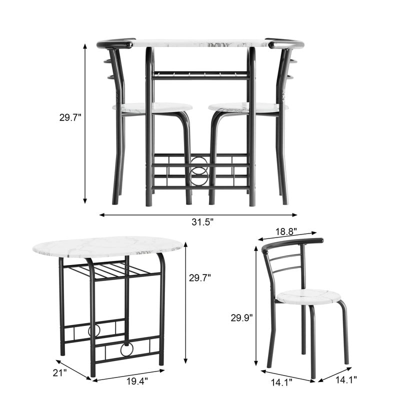 Vineego 3 Pieces Dining Set for 2 Small Kitchen Breakfast Table Set Space Saving Wooden Chairs and Table Set,Dark White