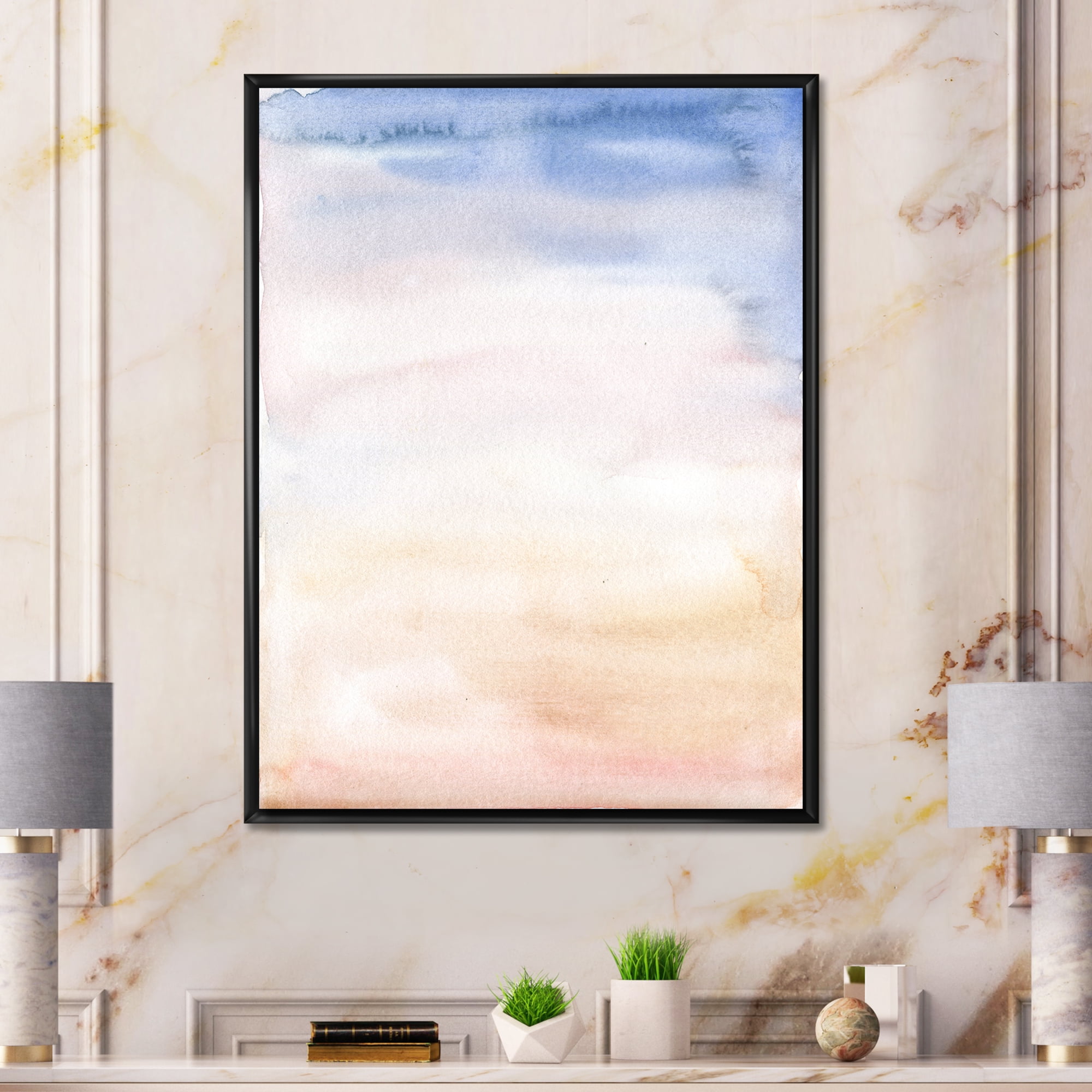 Pastel Abstract With Pink Dark Blue and Beige Spots 12 in x 20 in Framed Painting Canvas Art Print, by Designart