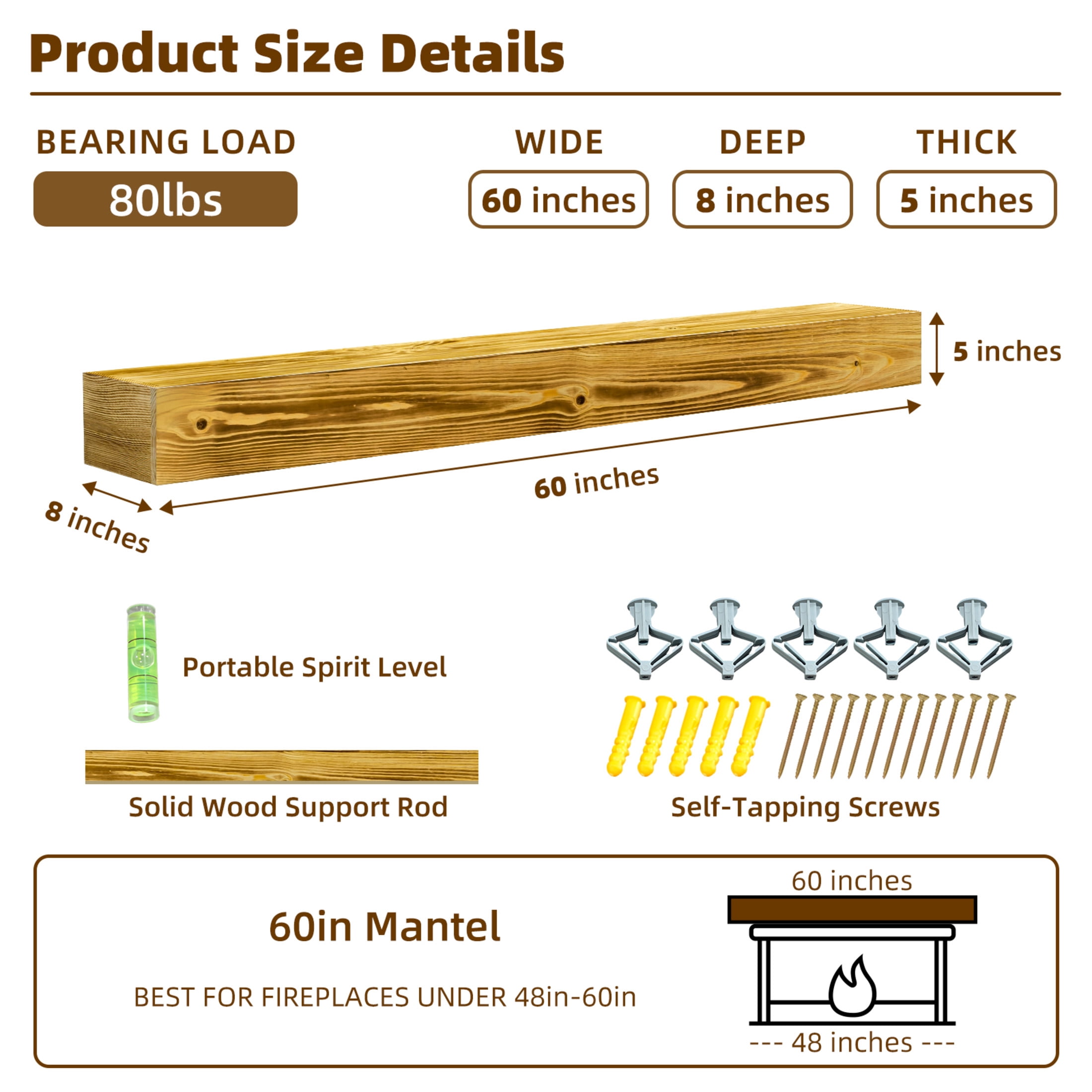 Noble House 60" Fireplace Mantel, Rustic Floating Wood Shelf with Invisible Brackets for Living Room, Brown