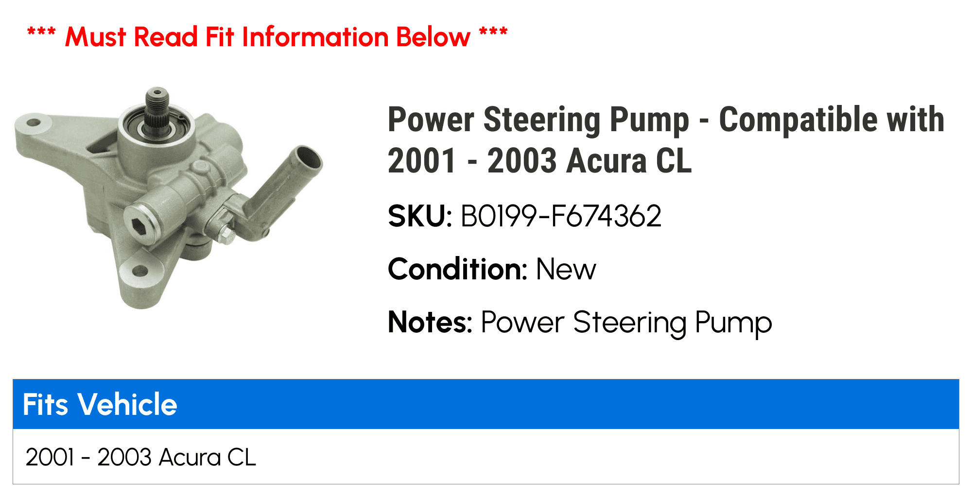 Power Steering Pump - Compatible with 2001 - 2003 Acura CL 2002