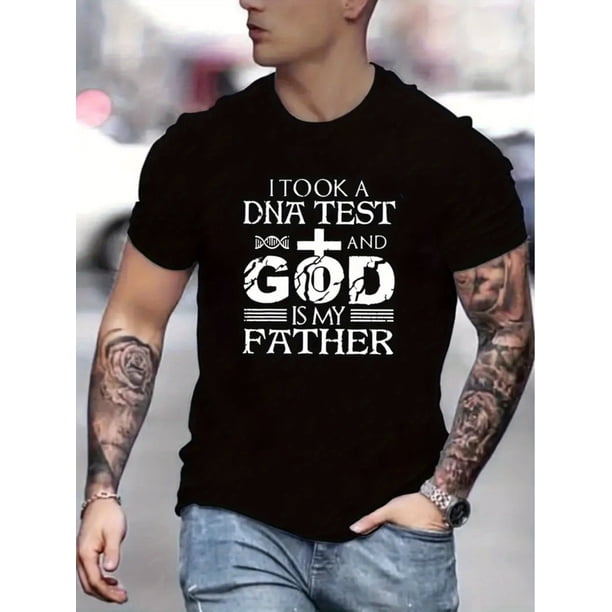 Camiseta gráfica con cita cristiana vibrante: suave, transpirable, manga corta, moda de verano, atuendo para hombre, diseño de estampado moderno, corte holgado, perfecta para uso diario informal, para