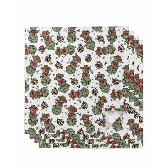 Christmas Cloth Napkins Set of 4, Western Cactus Snowman Snowflake Xmas Washable Reusable Dinner Cocktail Napkin for Kitchen Party Wedding Banquet Holiday Baby Shower Table Decor
