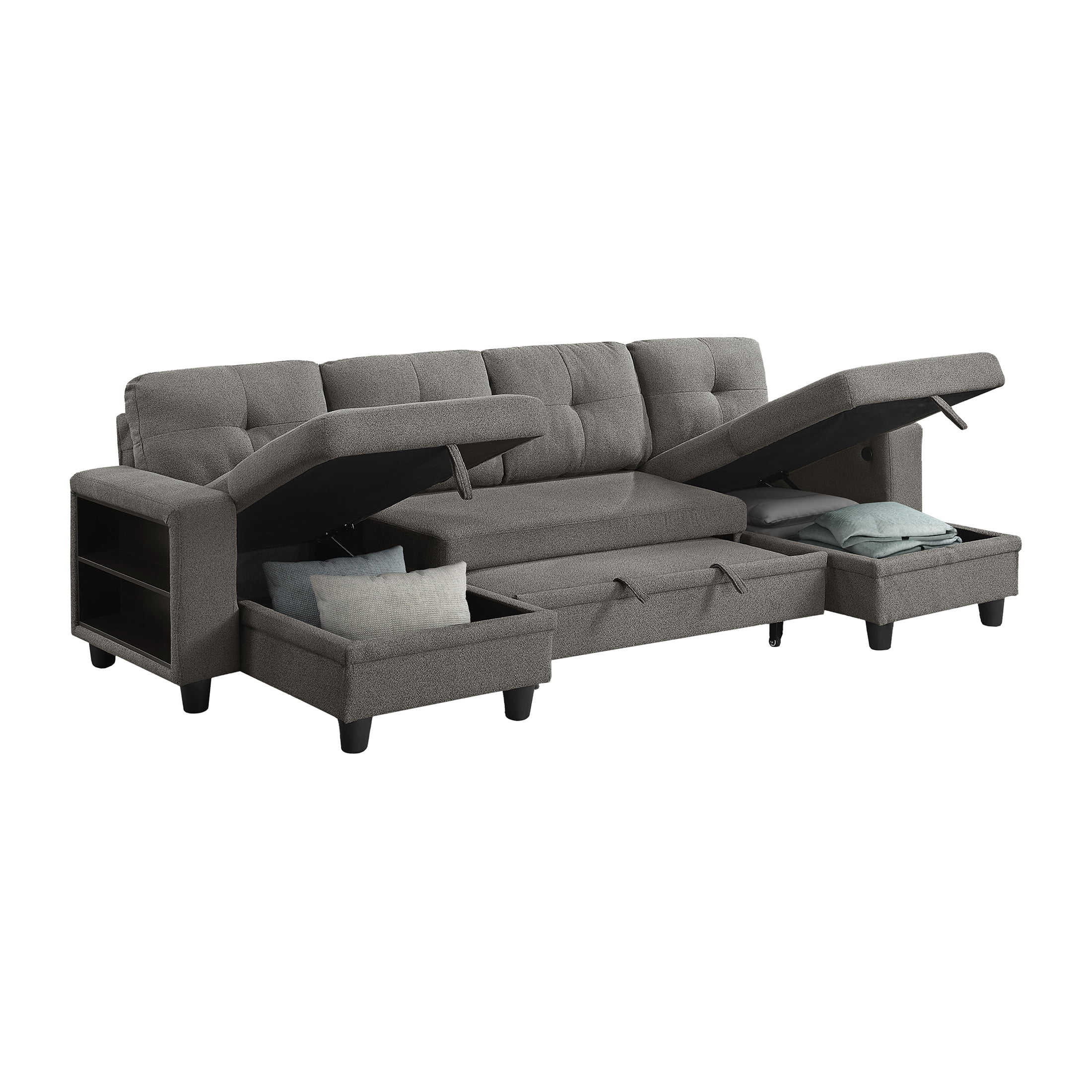 OakvillePark Vessarion Boucle Sectional with Two Chaises, Pull-out Bed, Shelves and Charging Ports, Dark Brown