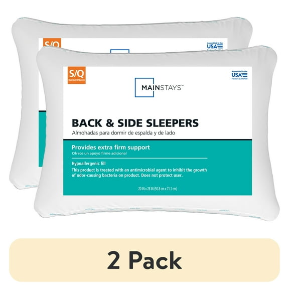 (2 pack) Mainstays Back & Side Sleeper Bed Pillow, Standard/Queen - Extra Firm Support
