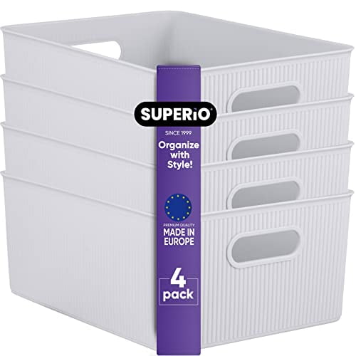 Superio Ribbed Plastic Storage Basket Organizer (4 Pack), 15 Liter Classic Closet Storage Bin for Shelf, Desk, Pantry – Store Toys, Clothes, Cosmetics, Stationary – White Smoke