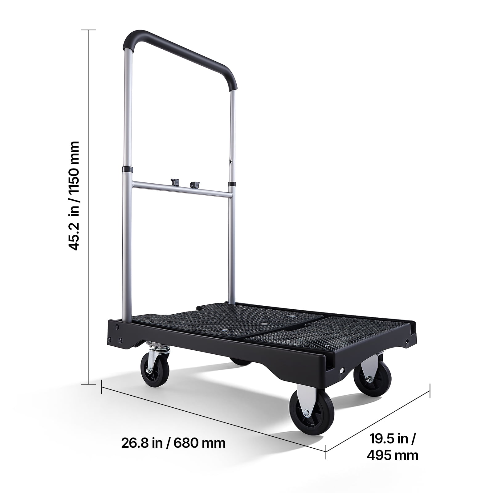 KFFKFF Foldable Push Cart Dolly, 330 lbs Load Capacity, Folding Platform Truck with Swivel Wheels, Flatbed Hand Truck with Adjustable Handle, Compact Storage Design, 26.8 x 19.5 x 4.5 in