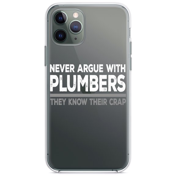 DistinctInk Clear Shockproof Hybrid Case for iPhone 11 (6.1" Screen) - TPU Bumper Acrylic Back Tempered Glass Screen Protector - Never Argue with Plumbers - Know Their Crap