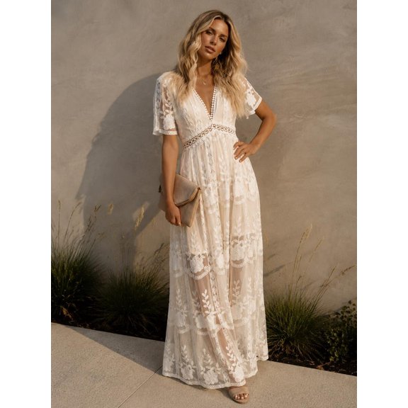 Women Elegant Lace Chiffon Maxi Dress, V Neck Short Sleeve Solid Boho Dress