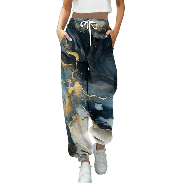 Gibobby pantalones de mujer holgados Pantalones de chándal con estampado de moda para mujer, con bolsillos, de cintura alta, deportivos, para gimnasio, atléticos, para correr (Azul marino, L)