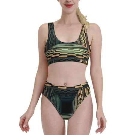 Bixox 3d Abstract Chess Boar Pattern Two-Piece Sports Bikini with U-Shaped Top and High-Waist Bottom - Women s Swimwear with Removable Bra Pads