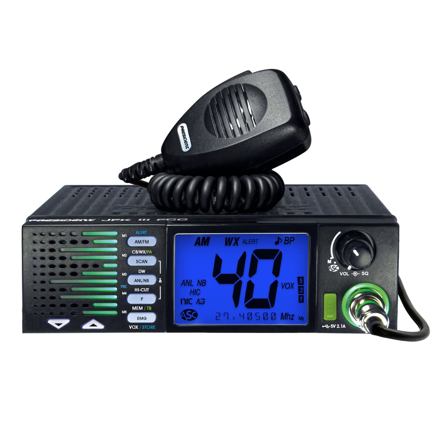 PRESIDENT TXUS910 JFK III FCC 40-Channel Trucker CB Radio with AM/FM/PA Modes, NOAA Alerts Front-Firing Flashing RX/TX Speaker, Scan Skip, USB, Mic