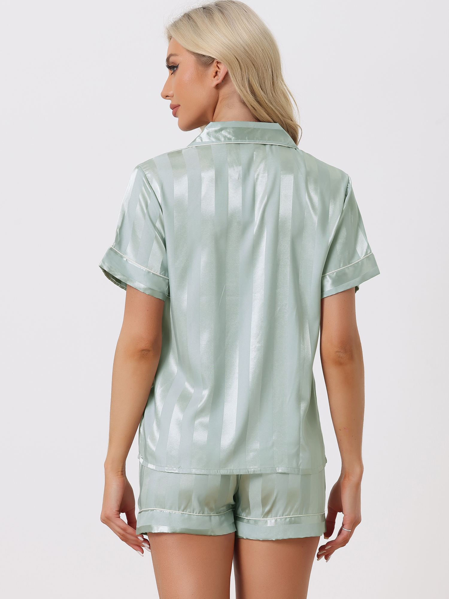 DARING DIVA Women's Satin Button Down Shirt and Shorts Pajama Set L Light Green