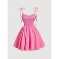 thumbnail image 2 of Hot Pink Solid Knot Shoulder Ruched Bust Milkmaid Cami Dress, A-Line Mini Dress For Women, 2 of 4