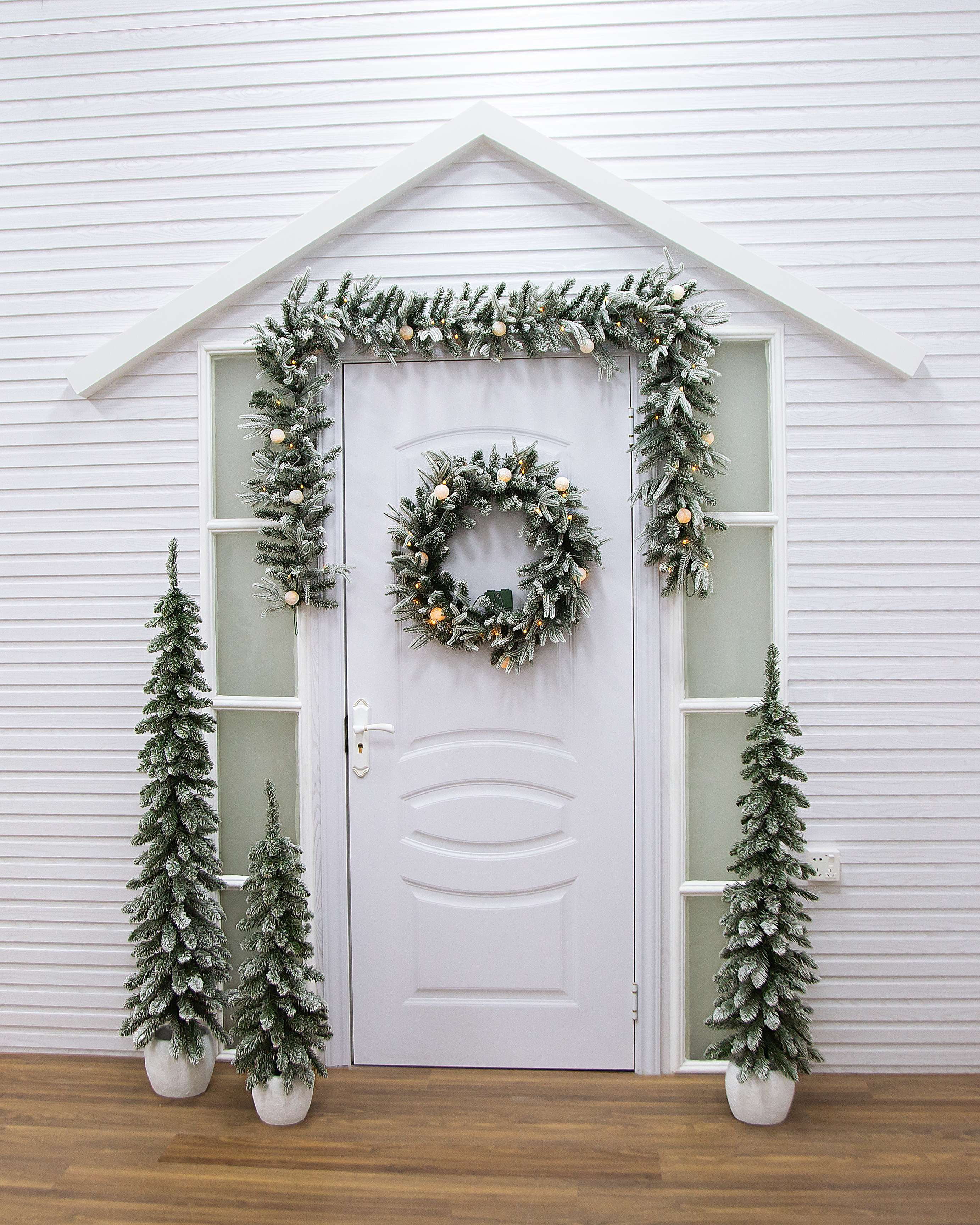Set of 3 Flocked Resin White Potted Trees Display